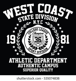 West coast state division sport, college league typography, t-shirt graphics, vectors