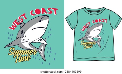 West coast summer time  slogan shark illustration with t-shirt design, Hand drawn.