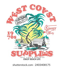 West Coast Supplies slogan print with summer sunshine vibes beach, college text print around the sun and palm tree, vintage retro print for t-shirt or sweatshirt