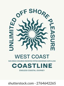 West Coast Surf Graphic for TShirt with Distressed Sunburst Icon