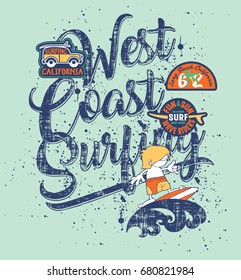 West coast surfing boy - Funny surfer vector print for children wear with embroidery patches
