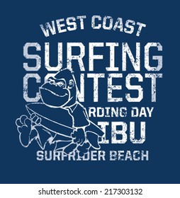 West Coast surfing contest- Funny print for kid t-shirt in custom colors, grunge effect in separate layer