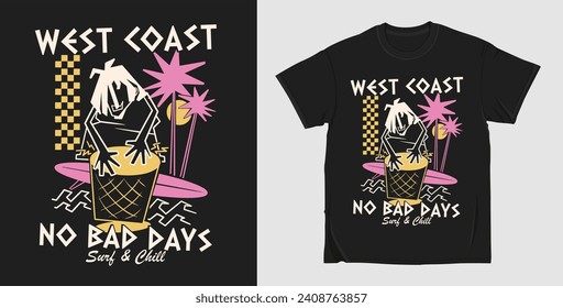 West coast t shirt print design, retro beach vector graphic for t shirt print, illustration for apparel and clothing