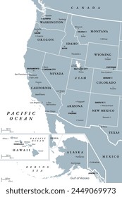 Costa oeste de los Estados Unidos, con Alaska y Hawái, mapa político. También conocida como costa del Pacífico y costa occidental, la línea costera a lo largo de la cual el oeste de Estados Unidos se encuentra con el océano Pacífico.