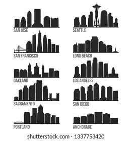 West Coast USA Most Famous Skyline City Silhouette Design Collection Set Pack