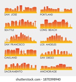 West Coast USA Skyline City Silhouette Design Collection. Vector Illustration Set Clip Art.