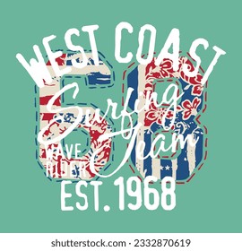 West Coast wave rider surfing team grunge vintage vector print for kids boy wear summer t shirt