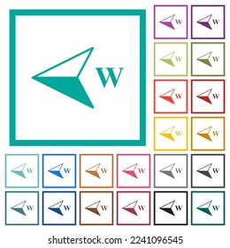 West compass direction flat color icons with quadrant frames on white background