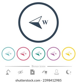 West compass direction flat color icons in round outlines. 6 bonus icons included.