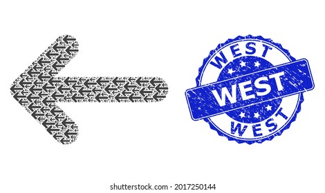 Imitación de sellado redondo corroída en el oeste y collage recursivo vectorial en la flecha izquierda. El sello azul incluye el título occidental en forma de círculo. El collage vectorial se realiza con pictogramas de flecha izquierda repetidos.