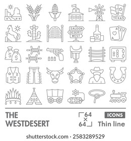 West desert symbols collection or sketches. cowboy desert theme icons in thin line style signs for web and app. Vector graphics isolated on white background