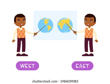 Plantilla vectorial de tarjeta de texto de los antónimos OESTE y OESTE, concepto de Opuestos. Flashcard para el aprendizaje de inglés. Un profesor africano muestra un puntero a un mapa