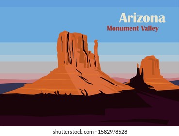 West And East Mitten Butte In Monument Valley, Utah, United States. Vector Illustration