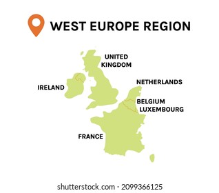 West Europe Region map and country flat vector illustration.