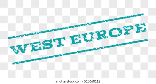 West Europe watermark stamp. Text caption between parallel lines with grunge design style. Rubber seal stamp with unclean texture. Vector cyan color ink imprint on a chess transparent background.