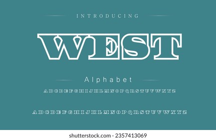 West Font. Alphabet. Script. Typeface. Label .Vintage typeface. For labels and different type designs