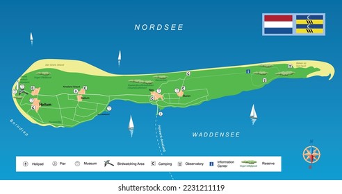 West Frisian islands. Map of Ameland island in Netherlands. Vector illustration