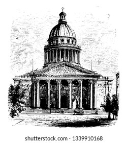 West Front of the Pantheon at Paris burial place church cyrpt France Renaissance architecture vintage line drawing or engraving illustration.