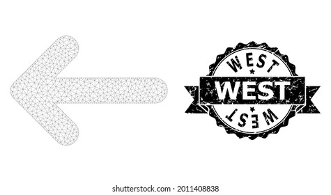 West grunge seal print and vector left arrow mesh model. Black stamp seal has West tag inside ribbon and rosette. Abstract flat mesh left arrow, built from flat mesh.