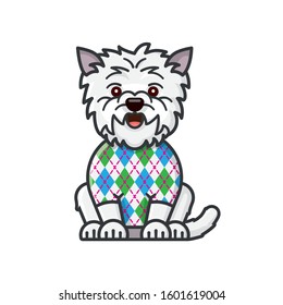 West Highland White Terrier With Argyle Pattern On Sweater Isolated  Color Illustration For Argyle Day On January 8. Cartoon Vector Symbol Of Scottish Tradition.