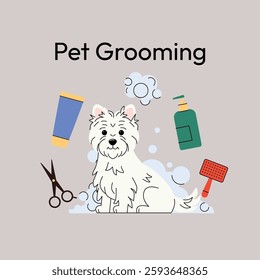 West Highland White Terrier grooming. A fluffy white dog stands among grooming tools like scissors, shampoo, and a hairdryer. Clean and modern design, ideal for pet salons. Vector illustration