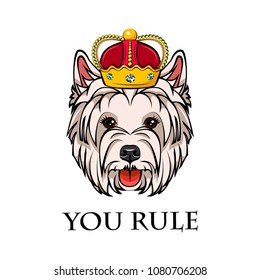 West Highland White Terrier king. Crown. Dog queen. Dog portrait. You rule text. Vector illustration