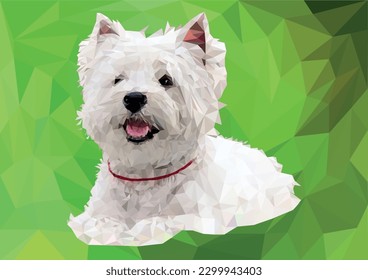 West Highland White Terrier (Westi) hand-drawn image of Vesti in mosaic (stained glass) style. Pec lies in the grass, a red collar around his neck. Vector image for  printing on clothes, dishes, cards