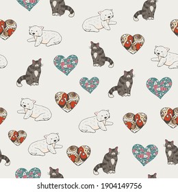 West hightland white terrier dog breed and grey cat vector seamless pattern with hearts