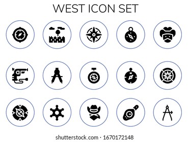 west icon set. 15 filled west icons.  Simple modern icons such as: Compass, Revolver, Prairie, Windrose, Bandit, Wind rose, Sheriff, Cowboy