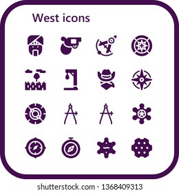 west icon set. 16 filled west icons.  Collection Of - Indian, Pistol, Compass, Wind rose, Prairie, Gallow, Cowboy, Windrose, Sheriff, Revolver