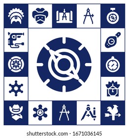 west icon set. 17 filled west icons.  Simple modern icons such as: Headdress, Revolver, Wind rose, Compass, Sheriff, Indian, Cowboy, Bandit, Vane