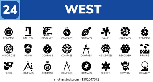 west icon set. 24 filled west icons.  Collection Of - Compass, Gallow, Revolver, Vane, Wind rose, Indian, Headdress, Prairie, Pistol, Sheriff, Cowboy