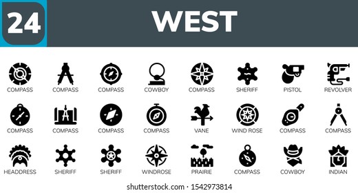 west icon set. 24 filled west icons.  Simple modern icons about  - Compass, Cowboy, Sheriff, Pistol, Revolver, Vane, Wind rose, Headdress, Windrose, Prairie, Indian