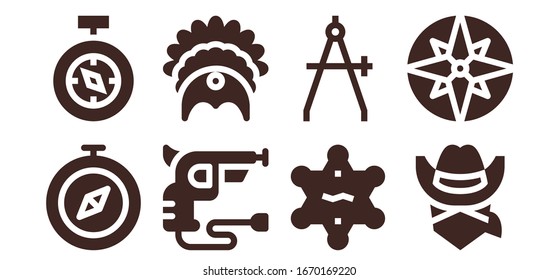 west icon set. 8 filled west icons. Included Compass, Revolver, Headdress, Sheriff, Cowboy icons