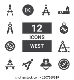 west icon set. Collection of 12 filled west icons included Compass, Cowboy hat, Back, Indian