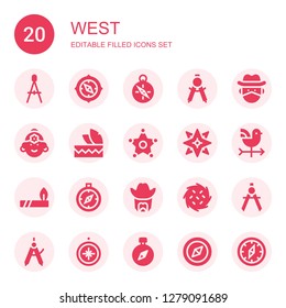 west icon set. Collection of 20 filled west icons included Compass, Cowboy, Indian, Headdress, Sheriff, Windrose, Vane, Tumbleweed