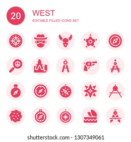 west icon set. Collection of 20 filled west icons included Compass, Cowboy, Bull skull, Sheriff, Pacifism, Pistol, Windrose, Tumbleweed, Headdress