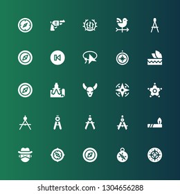 west icon set. Collection of 25 filled west icons included Compass, Cowboy, Indian, Sheriff, Bull skull, Headdress, Lasso, Back, Vane, Tumbleweed, Pistol