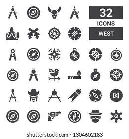 west icon set. Collection of 32 filled west icons included Sheriff, Cowboy, Compass, Pistol, Back, Indian, Vane, Bull skull