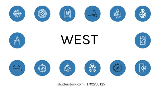 west icon set. Collection of Compass, Wanted, Pipe of peace, Bandana icons