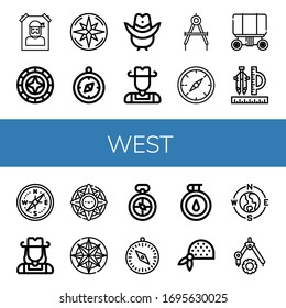 west icon set. Collection of Wanted, Windrose, Compass, Cowboy hat, Cowboy, Wagon, Cowgirl, Bandana icons