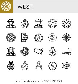 west icon set. Collection of Windrose, Explorer, Compass, Cowboy, Cowgirl, United states of america, Pipe of peace, Star david icons