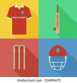 West Indies cricket icons in flat design with long shadows