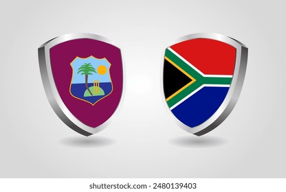 Escudos de la bandera de las Indias Occidentales vs Sudáfrica sobre fondo blanco, Ilustración vectorial de la competición del campeonato de cricket