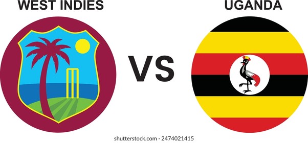 Indias Occidentales VS Uganda, concepto de partido de cricket con ilustración creativa de la bandera de los países participantes y el símbolo nacional sobre fondo blanco liso, archivo de Vector editable.