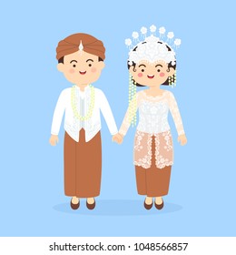 West Java Sundanese Indonesia Wedding Couple, Cute Indonesian Sunda Traditional Clothes Costume Bride And Groom Cartoon Vector Illustration