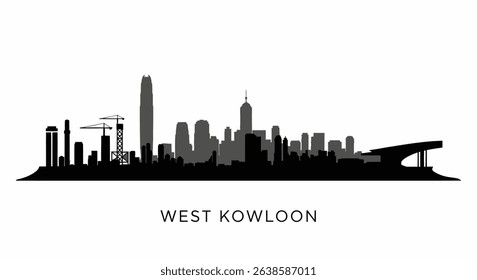 West Kowloon Cityscape Silhouette with Hong Kong Skyline.