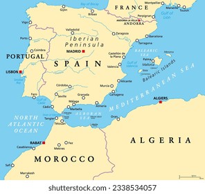 West Mediterranean, political map. The Iberian Peninsula, bordered by the North Atlantic and Mediterranean Sea, separated from Africa by the Strait of Gibraltar. Portugal, Spain and Balearic Islands.