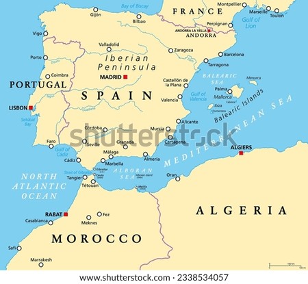 West Mediterranean, political map. The Iberian Peninsula, bordered by the North Atlantic and Mediterranean Sea, separated from Africa by the Strait of Gibraltar. Portugal, Spain and Balearic Islands.