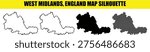 West midlands england map shape collection showing white filled outline filled black and dotted representations graphic illustration for geographical representation